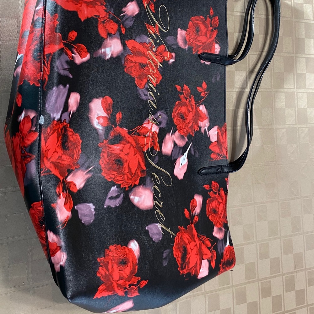 LARGE TOTE BAG BLACK RED ROSES‎ GOLD LOGO NWT 20X12